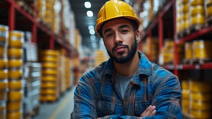 Poster - A warehouse worker is confidently posed with crossed arms in a busy logistics center. The background features shelves filled with cargo and inventory, indicating active operations.