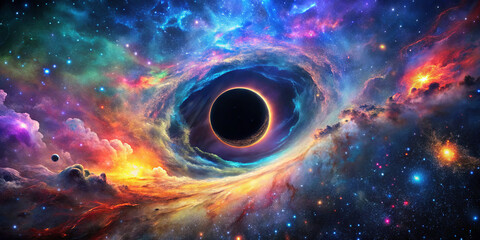 Wall Mural - a mesmerizing cosmic swirl reveals a black hole encircled by colorful nebulae and bright stars. the 
