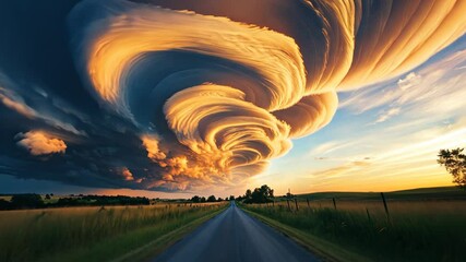 Wall Mural - Stormy clouds swirl over a rural road at sunset, creating dynamic sky patterns