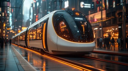 Fototapete - A sleek maglev train waits at a bustling railway station, illuminated by city lights reflecting off wet pavement as commuters move about in an energetic urban environment.