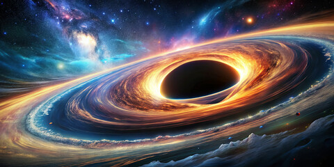 Wall Mural - a breathtaking cosmic display features a black hole surrounded by vibrant colors and swirling gases,