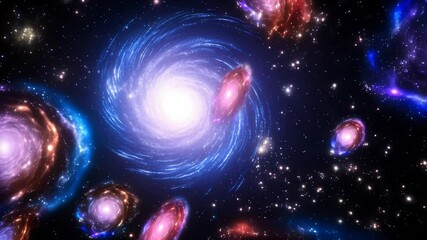 Wall Mural - Galaxies swirl and dance across the vast universe, showcasing stunning shades of blue, pink, and purple. Witness the beauty of deep space filled with captivating formations and sparkling stars