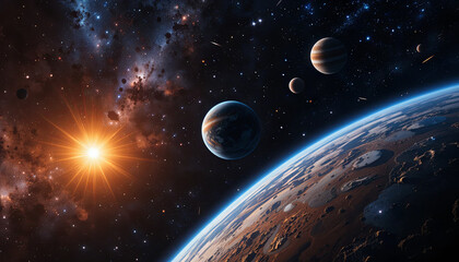 Wall Mural - a breathtaking view of multiple planets in orbit around a distant sun, glowing in a colorful galaxy 