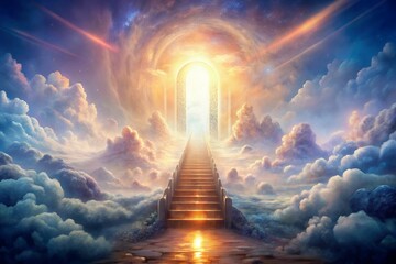 a celestial stairway ascends to a radiant gateway in a breathtaking heavenly realm bathed in warm, e