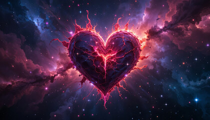 Wall Mural - a striking heart shape forms from cosmic elements, glowing with bright colors amidst a dark starry b
