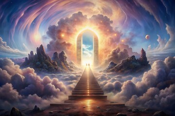 a celestial stairway ascends towards a radiant golden gateway in a breathtaking heavenly realm, pain