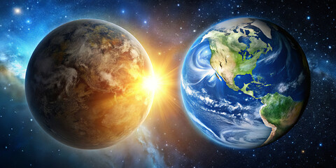 Wall Mural - two planets are shown side by side in a cosmic environment. earth displays its recognizable features