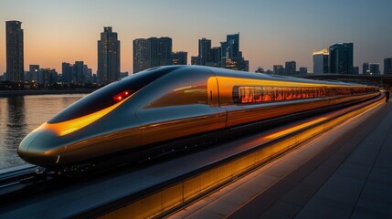 Fototapete - A sleek high speed train approaches a city skyline at twilight, illuminated by the evening lights. The train reflects in the calm water beside the railway, showcasing modern transportation.