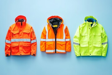 Vibrant safety workwear display  high visibility jackets for industrial and construction use