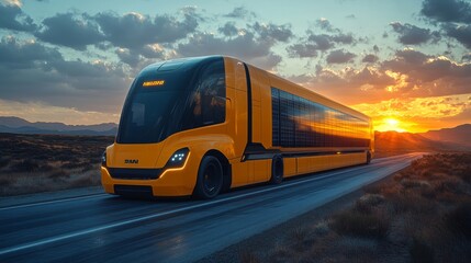 Aufkleber - A yellow truck designed for freight transport travels along a rural road as the sun sets, highlighting a sky filled with vibrant colors and distant mountains.