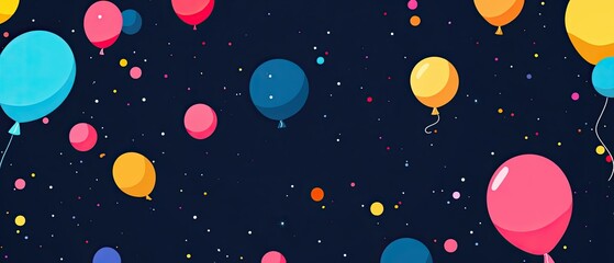 A vector illustration of colorful balloons on a dark blue background, featuring a flat design 