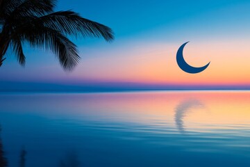 Wall Mural - Tranquil Sunset Crescent Moon - Serene ocean scene, palm tree silhouette, crescent moon reflection, peaceful sunset, tropical paradise