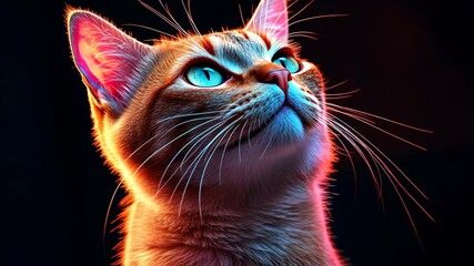 Poster - Gazing cat with neon lights casting colorful hues on fur, digital illustration