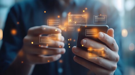 Man Holding Smartphone with Glowing Data Interface and Digital Documents
