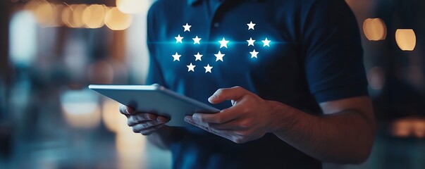 Man Holding Tablet with Star Rating Overlay, Mobile Device Connectivity, Customer Feedback