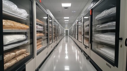 Poster - In a modern warehouse, an organized row of cold storage units displays carefully stored perishable items while maintaining optimal temperature controls for pharmaceuticals and other inventory.