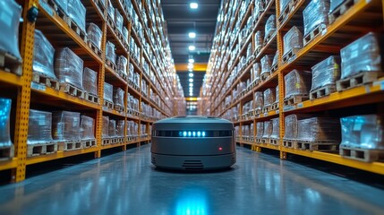 Poster - A robotic unit moves carefully along the aisle of a spacious warehouse, surrounded by neatly stacked pallets containing various goods ready for distribution.