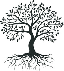 Silhouette of tree with detailed branches and roots in black and white illustration. Vector illustration