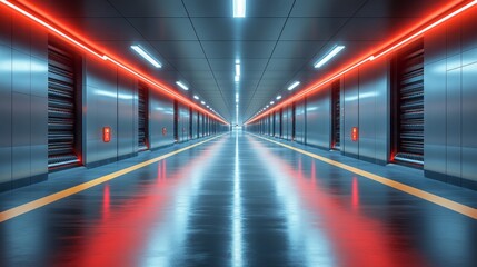Poster - Brightly lit corridors in a state of the art warehouse designed for optimal logistics and distribution of freight and cargo inventory.