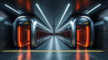 Aufkleber - Commuters await trains at a sleek subway station featuring futuristic design and efficient mobility solutions in an urban environment.