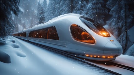 Poster - A high speed maglev train glides effortlessly through a serene snowy forest, showcasing advanced transportation technology in a picturesque winter setting.