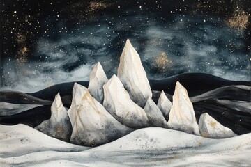 Wall Mural - A watercolor painting of majestic mountains under a starry night sky, adorned with gold accents.