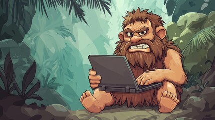 Cartoon illustration of a prehistoric caveman using a modern laptop computer with surprised expression – humorous vector clip art with simple gradients and single layer design
