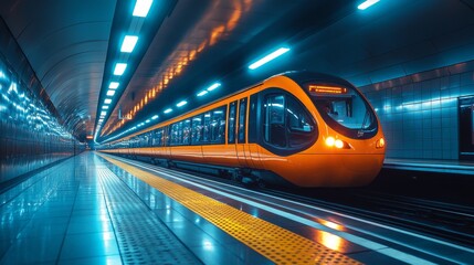 Aufkleber - A sleek, modern subway train arrives at an urban station, illuminated by blue and orange lights during the evening commute. Commuters prepare to board as the train halts.