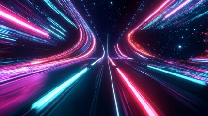 Wall Mural - Futuristic neon highway  an abstract journey through the cosmos in digital art style