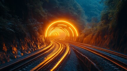 Fototapete - Train tracks curve into a brightly lit tunnel surrounded by lush greenery, showcasing the intersection of urban transit and natural landscape at dusk.