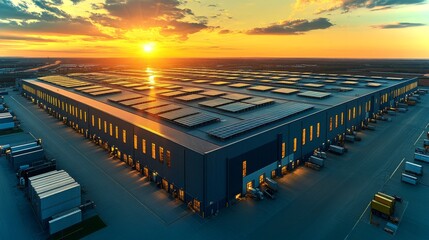 Fototapete - A substantial logistics facility is bathed in the warm glow of sunset. The building features numerous solar panels and is surrounded by trucks, ready for distribution.