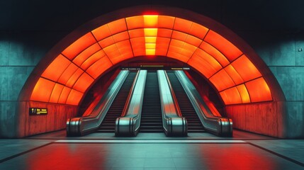 Fototapete - Commuters navigate a well designed subway station featuring vivid red lighting and dual escalators, highlighting efficiency in urban transportation during peak hours.