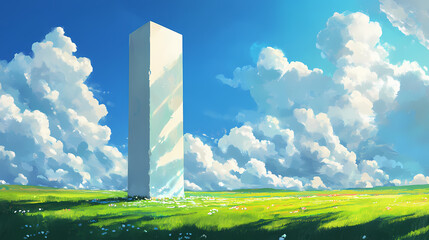 Wall Mural - White monolith in green field under blue sky with clouds. Sunlit Monolith. Illustration