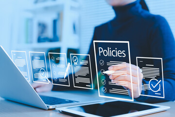 Poster - Policy documentation and compliance concept. Businesswoman reviews digital document Policies with icons, checklists, certifications, and financial detail. policy management, regulatory compliance,
