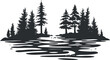 © vadymstock - Silhouette illustration of a forest with pine trees and a lake reflection, creating a serene scene.
