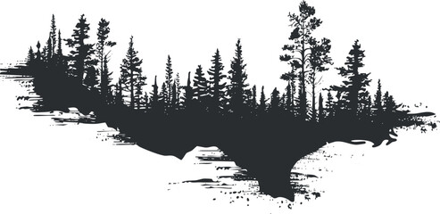 Wall Mural - black and white silhouette of a forest landscape with tall trees and textured brush strokes.