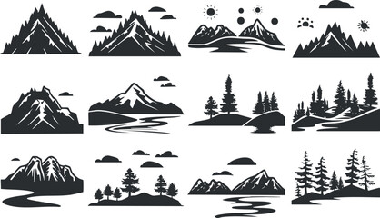 Wall Mural - collection of black and white mountain and landscape silhouettes with trees and rivers.