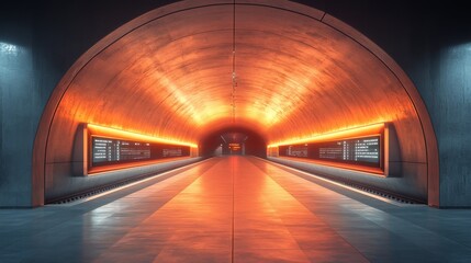 Aufkleber - This subway station showcases a geometric tunnel illuminated by orange lighting, promoting a modern transit infrastructure for urban commuters. The design emphasizes mobility and automation.
