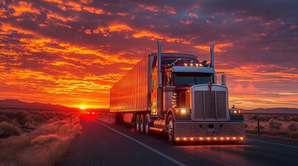 Aufkleber - A large logistics truck is seen transporting freight along a highway during sunset, showcasing a vibrant sky filled with orange and purple hues. The setting sun casts a warm glow.