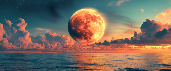 Wall Mural - A powerful blood moon rises above a dark body of water, symbolizing mystery and the awe-inspiring beauty of the cosmos