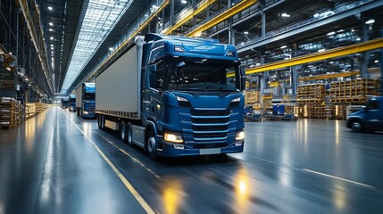 Aufkleber - Large trucks are moving along wide aisles of a warehouse filled with shelving units, demonstrating busy logistics and distribution activities during daytime operations.