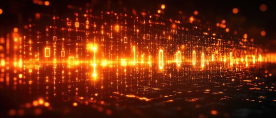 Orange digital network. Data flow and binary code create futuristic effect. Connection with internet