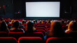 © JuliaArnhem - A cinema screen with people sitting in the seats, watching a movie on it. The background is dark and blurred, focusing attention on an empty white frame above the large screen.