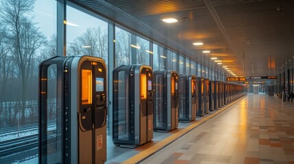 Leinwandbilder - An automated transport checkpoint features sleek kiosks for ticket purchases and inspections, ensuring smooth mobility and efficient monitoring in a modern urban setting.