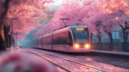 Aufkleber - Tram travels along tracks surrounded by vibrant cherry blossoms in an urban area, showcasing the harmony between nature and a modern transportation system during springtime.
