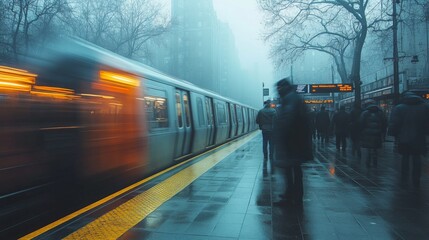 Aufkleber - Commuters gather at a subway platform while a metro train rushes past in foggy conditions. The urban setting showcases sleek infrastructure and the busy rhythm of city life.