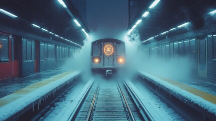 Aufkleber - A commuter train approaches the platform in a chilly urban subway station at night. Frost coats the ground while fog billows around the train.