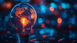 © Yoonnam - A vibrant double exposure of a world map inside a light bulb, radiating bright energy lines against a dark background, symbolizing global innovation and modern connectivity