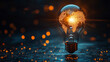 © Yoonnam - A vibrant double exposure of a world map inside a light bulb, radiating bright energy lines against a dark background, symbolizing global innovation and modern connectivity