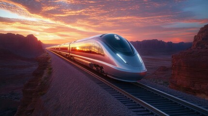 Aufkleber - A modern high speed maglev train glides effortlessly along railway tracks surrounded by majestic mountains as the sun sets, illuminating the sky with vibrant colors.